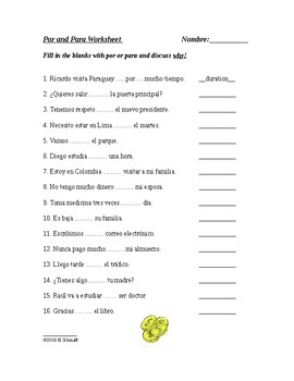 Spanish Por and Para Worksheet: SUB PLAN by Language Resources by Nina