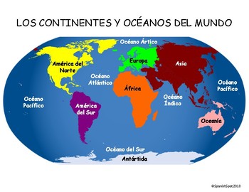 Spanish World Map- 7 continentes & 5 océanos by SpanishSpot | TPT