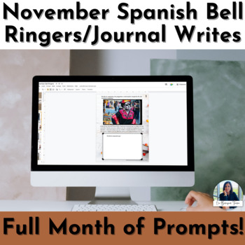 Preview of Spanish Writing Prompts with Pictures for November | Spanish Bell Ringers