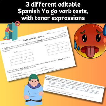 Preview of 3 different editable Yo go verb Tests w/Tener expressions, Ch. 1A Autentico 2