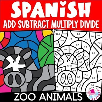 Preview of Spanish Zoo Animals Color by Number Code Multiplication Division Coloring Pages
