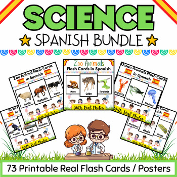 Preview of Spanish Zoo Ocean Farm Animals, Insects & Birds Flashcards BUNDLE- 73 Printables