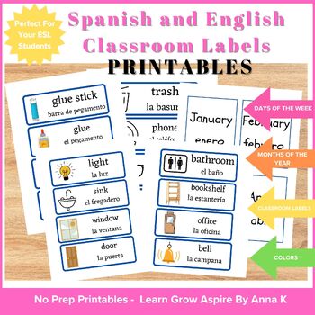 Preview of English And Spanish Classroom Labels, Spanish Days of the Week + Months of Year