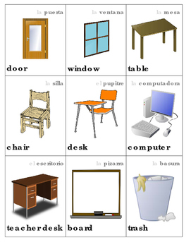 Preview of Spanish and English Classroom Object Vocabulary Picture Cards