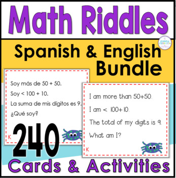 Preview of Spanish and English Math Riddle Card Bundle Gr 1 and 2