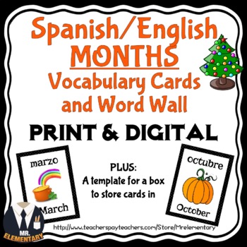 Preview of Spanish/English Months Flashcards and Word Wall - Digital and Printable
