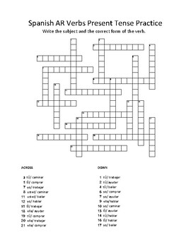 Spanish ar verbs in the present tense crossword puzzle worksheet