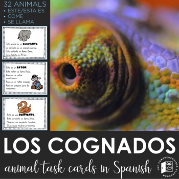 Preview of Spanish Cognates - 32 reading task cards about animals (DIGITAL included)
