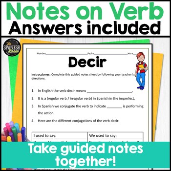 Spanish high frequency verb Decir Guided notes in imperfect - Sweet 16 verb