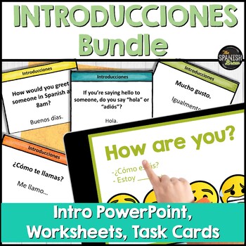 Preview of Spanish introductions & greetings BUNDLE- Powerpoint Task cards & Worksheets