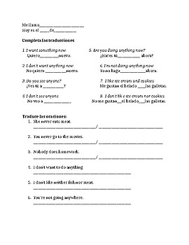 indefinite and negative words spanish worksheet