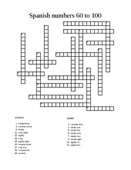 Spanish numbers 60 to 100 crossword puzzle worksheet | TpT