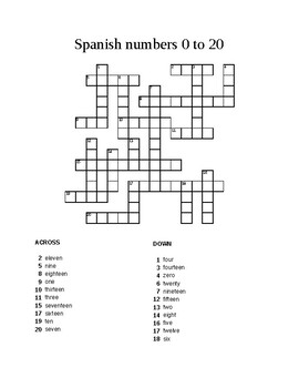 Preview of Spanish numbers 0 - 20 crossword puzzle worksheet
