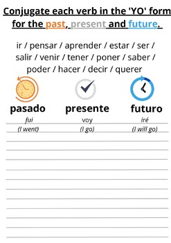 Preview of Spanish preterite past, present and future irregular verb practice worksheet