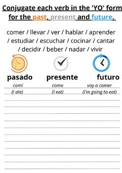 Preview of Spanish preterite past, present and future regular verb practice worksheet