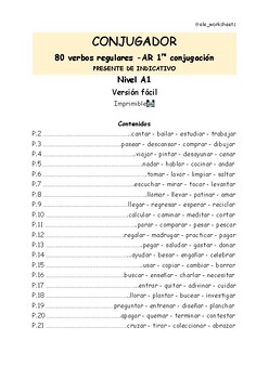 Preview of Spanish-80-regular-verbs-AR-Present-Tense-Conjugator. Easy Version (with clues)