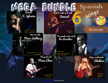 Preview of Spanish songs mega bundle (6 songs). Novice Mid. Presentations & Worksheets