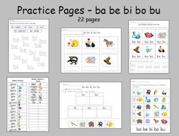 Spanish syllables Practice Pages ba be bi bo bu and cha 