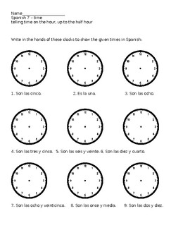 Spanish telling time up to the half hour worksheet | TpT
