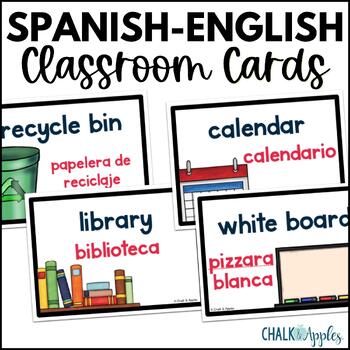 Preview of Spanish to English Classroom Labels w Pictures for Spanish Classroom Decor