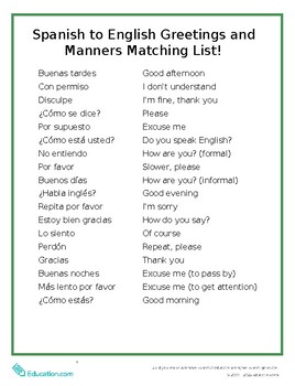 Preview of Spanish to English Greetings and Manners Matching List!