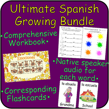 Preview of Spanish to English MEGA Growing Bundle - Flashcards, Soundboards, Worksheets