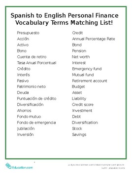 Preview of Spanish to English Personal Finance Vocabulary Terms Matching List!