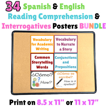 Preview of Spanish to English Reading Comprehension & Question Word Wall Posters BUNDLE