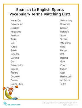 Preview of Spanish to English Sports Vocabulary Terms Matching List!