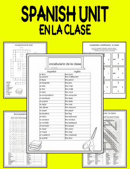 Preview of Spanish unit for classroom vocabulary en la clase wordsearch, crossword and more