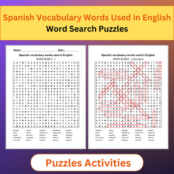 Preview of Spanish vocabulary words used in English | Word Search Puzzles Activities