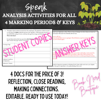 Preview of Speak (Anderson) Analysis Activities & Answer Keys for All 4 Marking Periods