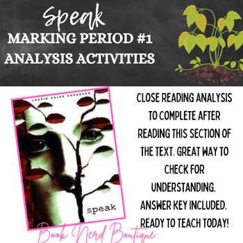 Preview of Speak (Anderson) Marking Period #1 Close Reading Analysis Activities