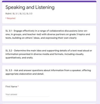 Preview of Speaking and Listening Rubric Google Form 