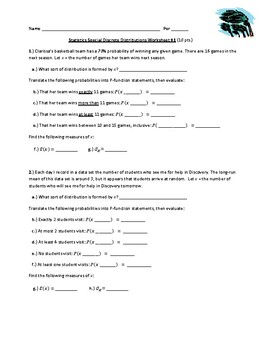 Preview of Special Discrete Probability Distributions Worksheet #1