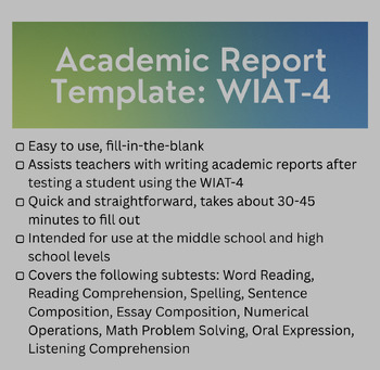 Preview of Special Education Academic Report Template- WIAT 4