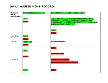 Preview of Special Education EdTPA Daily Assessment Record (DAR)