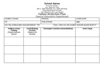 Preview of Special Education Failure Reduction Plan for Students (PK-12)