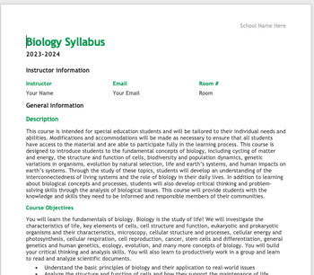 Preview of Special Education High School Biology Syllabus* Word Document Simple