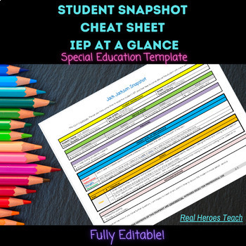 Preview of Special Education IEP Snapshot / IEP Cheat Sheet / IEP At a Glance (Editable)