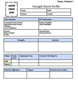 Preview of Special Education IEP Strength Based Profile Snapshot
