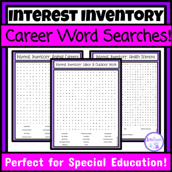 Preview of Special Education Interest Inventory Word Search Worksheets Career Clusters Jobs