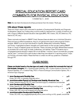 physical education report card comments grade 1