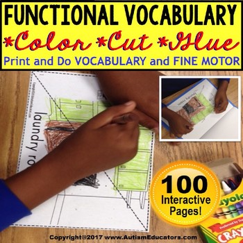 Preview of FUNCTIONAL VOCABULARY Color Cut and Glue FINE MOTOR Worksheets for Special Ed