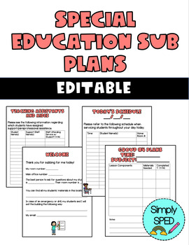 Preview of Special Education Sub Plans EDITABLE