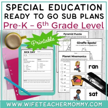 Preview of Special Education Sub Plans PreK - 6th PRINTABLE | SPED Lesson Plan