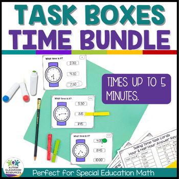 Preview of Special Education Task Boxes for Telling Time Practice to 5 Minutes Bundle