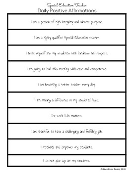 Special Education Teacher Daily Positive Affirmations by Miss Rae's Room