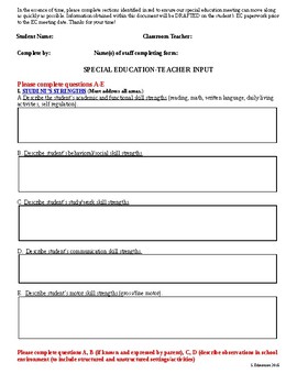 Preview of Special Education Teacher Input Form-Editable!