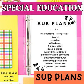 Preview of Special Education Teacher Sub Plans Special Ed Substitute Binder Editable